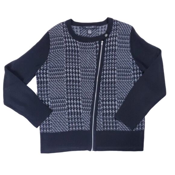 89th & Madison Sweaters - 89th & Madison Womens Grey Black Houndstooth Asymmetrical Zipper Cardigan L